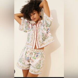 NWT En Saison Alaia matching set linen boxy top shorts S small travel print
